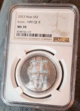 2023 Niue $2 1oz Silver HM QE II Icons Coin NGC MS70