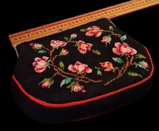 Vintage 1950s Needlepoint Black Evening Bag Floral Petit Point Gold Frame Chain