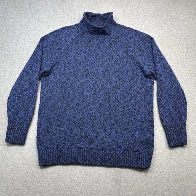 LL Bean Cotton Ragg Sweater Womens XL Blue Black Roll Neck Pullover Cabin Casual