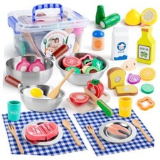 Wooden Play Food Sets for Kid Kitchen with Stainless Steel Cookware  40PCS