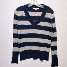 LOFT Striped V Neck Cable Knit Sweater Blue Gray Women Size M Nautical