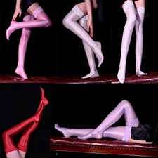 Womens Oil Shiny Glossy High Stockings Lace Costume Stay Up Thigh Highs Hosier