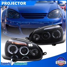 Fit 2006-2008 Golf Jetta Rabbit Smoke Led Halo Projector Headlights Glossy Black