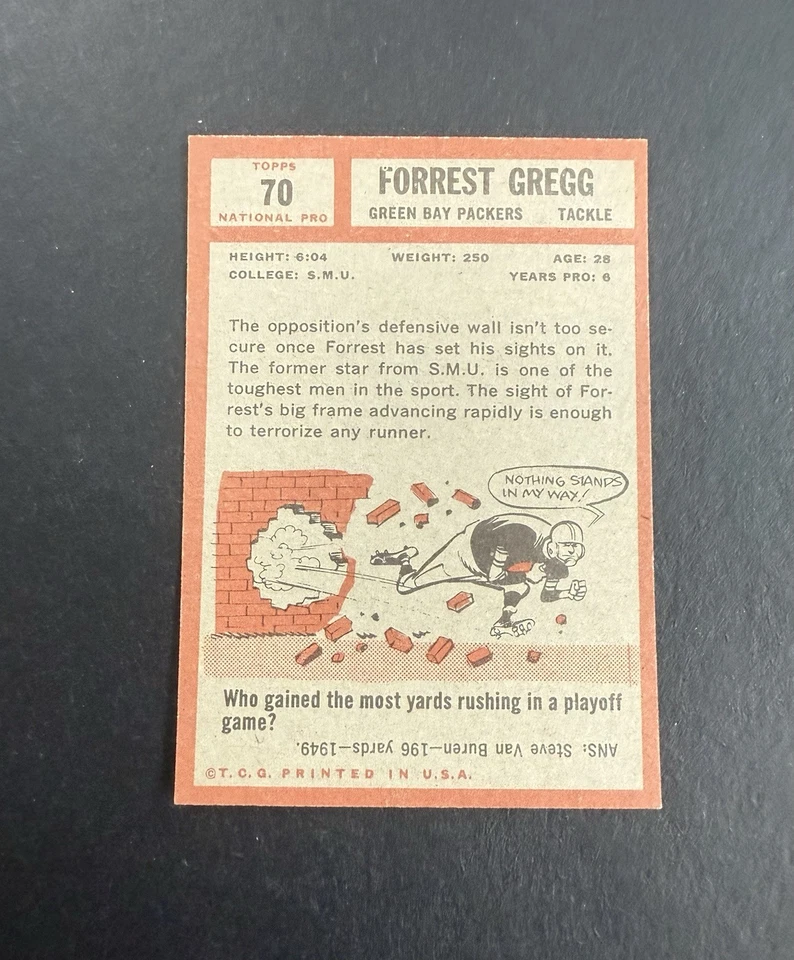 1962 TOPPS FOOTBALL #70 FORREST GREGG PACKERS HOF NM - Image 2 of 2
