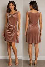 Old Navy Velvet Tan Sleeveless Dress Ruched Cowl Neck Fitted Sz Large Womens NWT