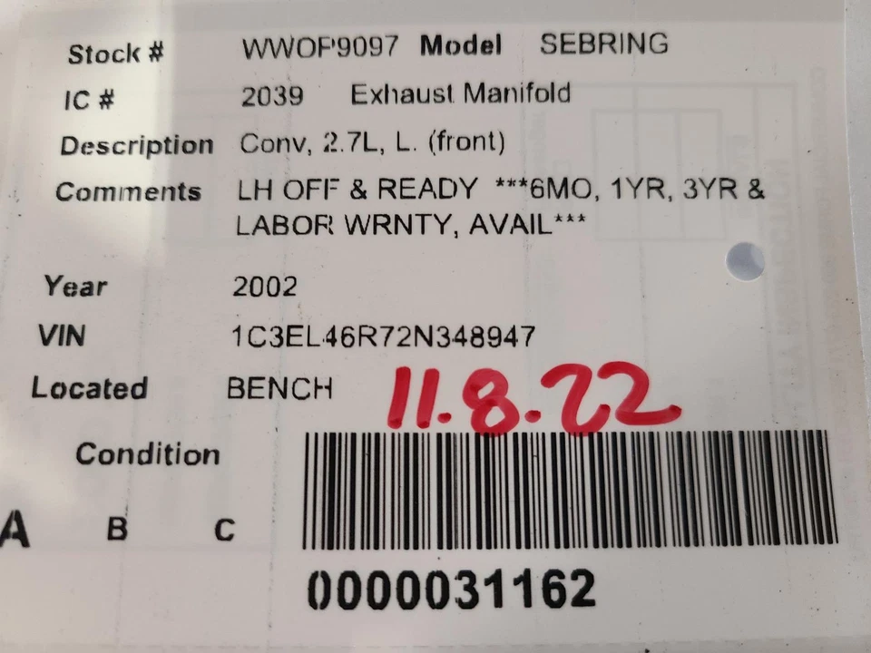 Colector de escape delantero izquierdo usado se adapta a: Chrysler Sebring Sdn 2002 2,7 L L. delantero F Foto 3 de 4