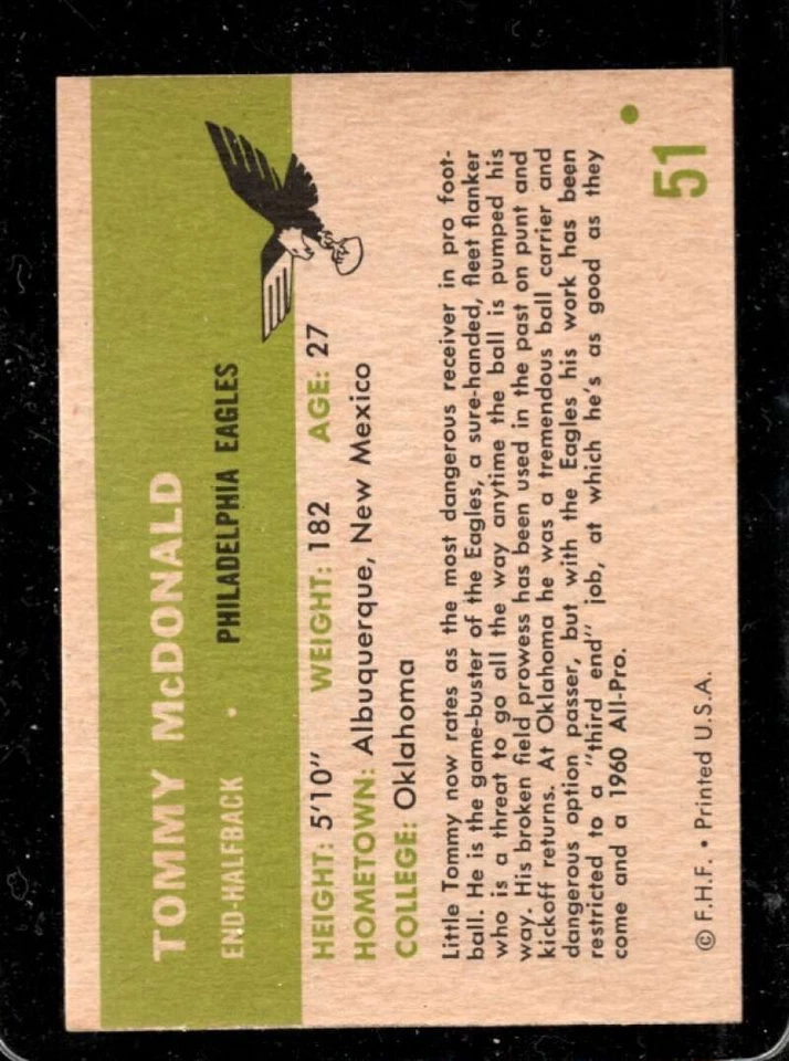 1961 FLEER #51 TOMMY MCDONALD NM EAGLES HOF *X38313 - Image 2 of 2