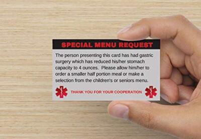 gastric sleeve id card Bariatric Patient Restaurant Special Menu Request 2.0 10 Pack sized portion for dinner I need a Printable Bariatric
