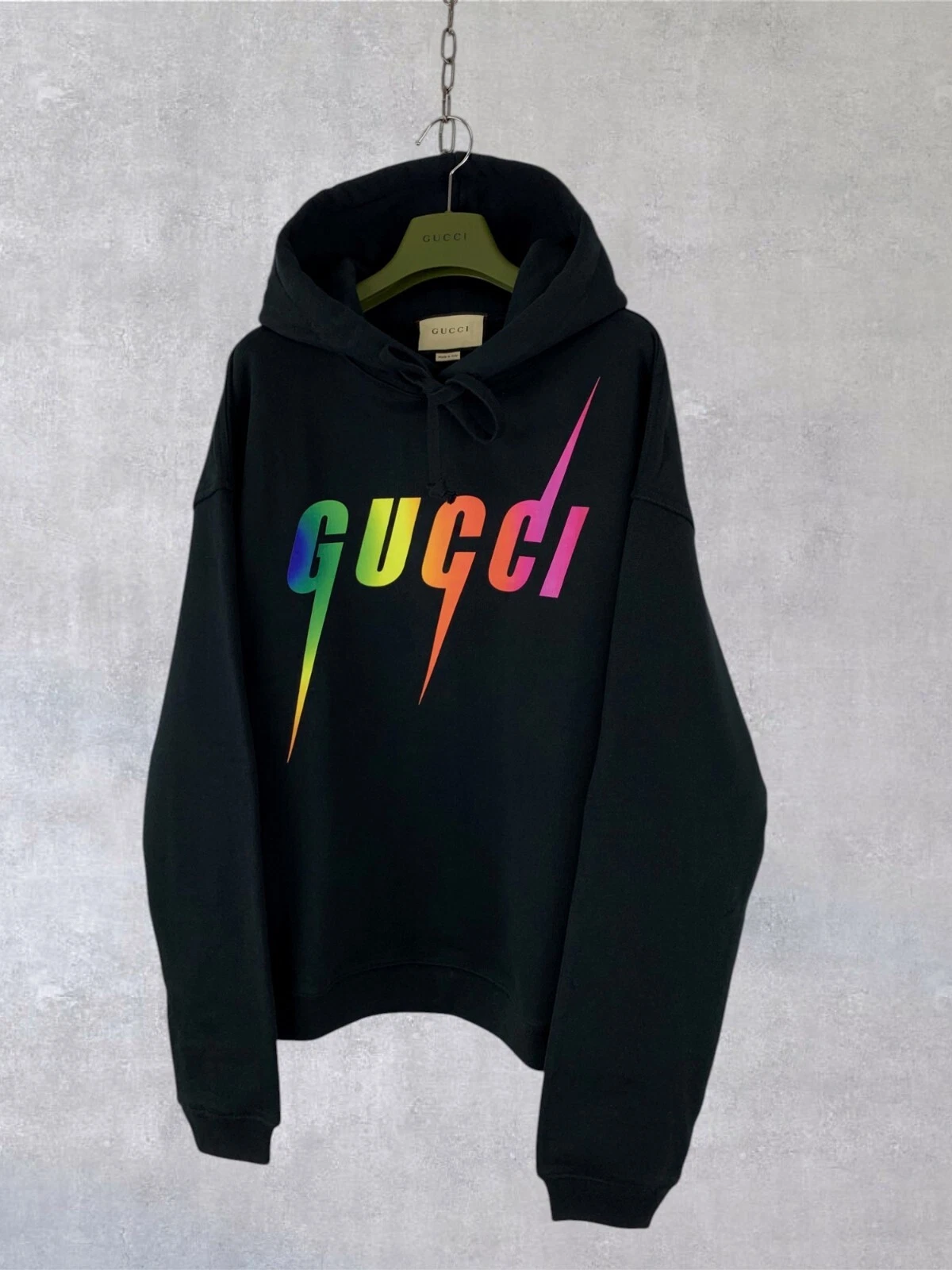 Felpa con cappuccio Gucci GG Blade arcobaleno stampa logo feltro cotone nera taglia M