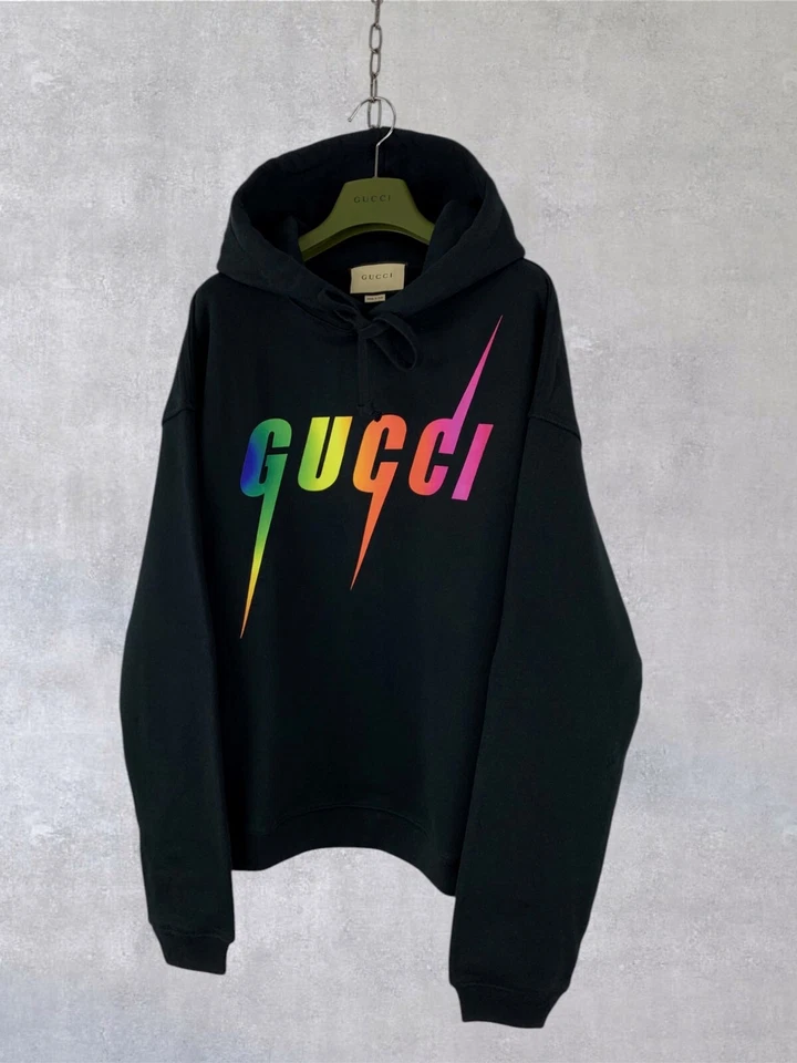 Sudadera con Capucha Gucci GG Blade Arco Iris Estampado Logo Fieltro Algodón Negra Talla M Foto 4 de 4
