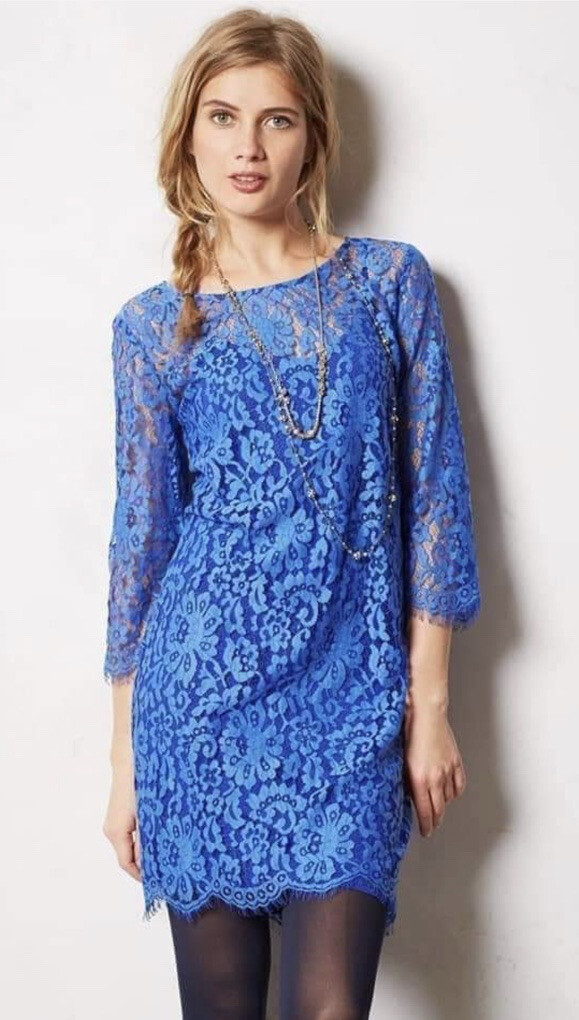 HD In Paris Anthropologie XS Blue Overature Shift Dress Lace Lined Floral