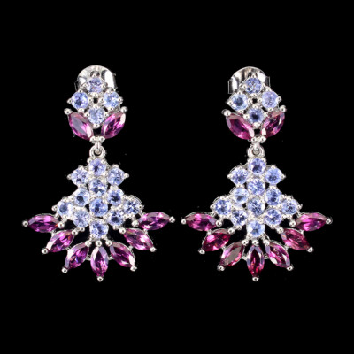 Valentine 925 Silver Earrings Rhodolite Tanzanite Natural Gemstone Jewelry Gift