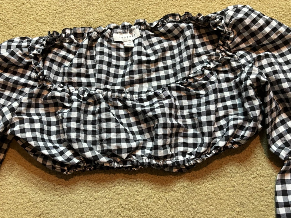 Topshop Peasant Crop Milkmaid Top Black White Gingham Check Bell Long Sleeve 2P - Image 4 of 4