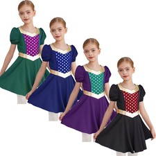 Kids Girls Dancewear Print Dress Cuffs Back Costume Theme Party Clothes Gloss