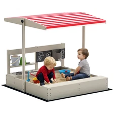 Outsunny Kids Wooden Sandbox with Canopy, Kitchen Toys, Seat, for Outdoor