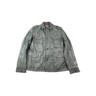 Hugo Boss Orange Label Mens Grey Leather Field Jacket Epaulettes Size 42R 52