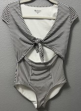 Athleta Aqualuxe Tie Front One Piece Swimsuit Striped Gray White Size ST Tall 
