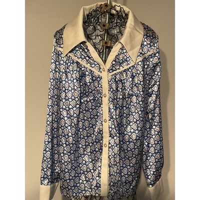 Sollinarry Womens Blue Geometric Satin Blouse Pearl Button Long Sleeve Top Large