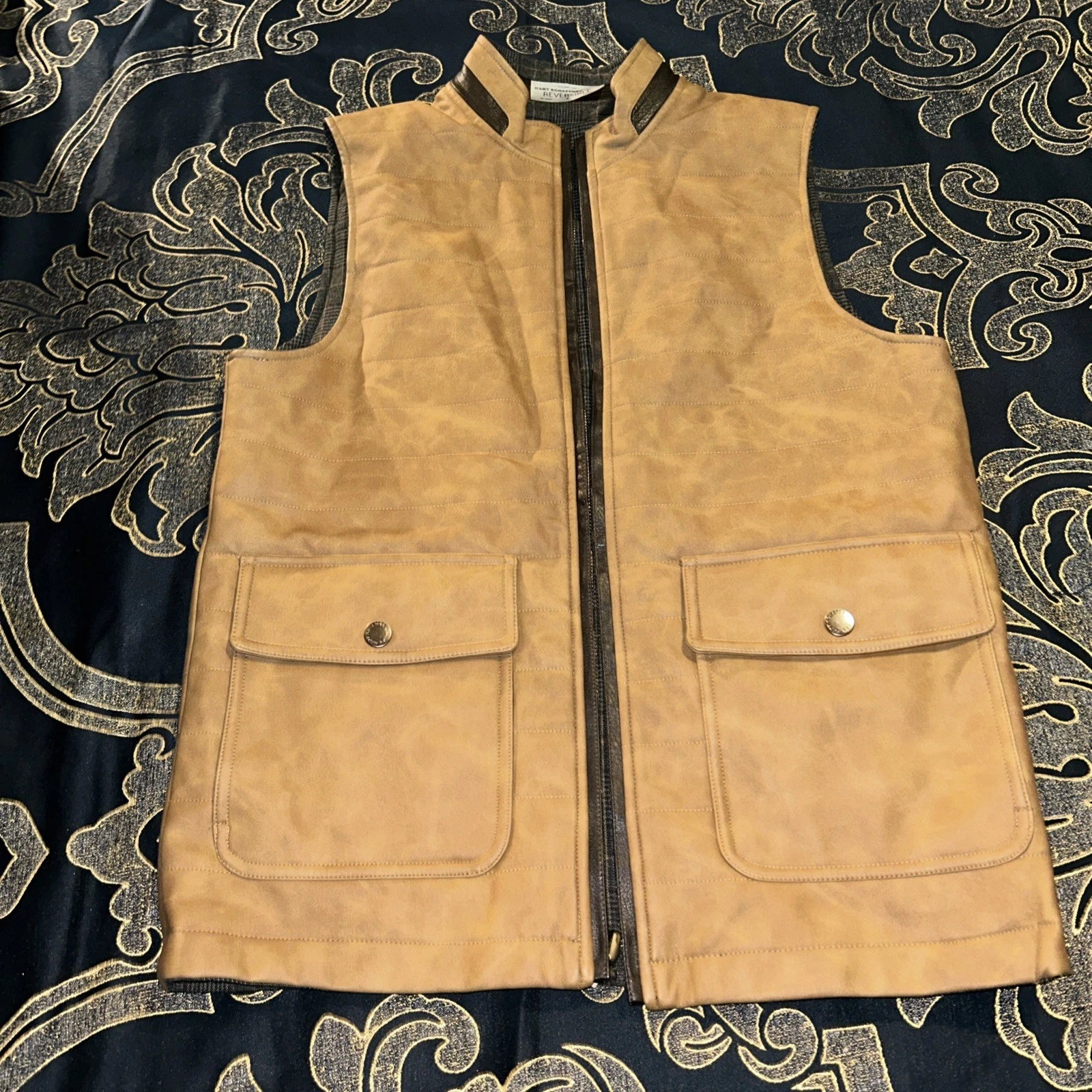 Hart Schaffner Marx Quilted Vest Brown Reversible Plaid Full Zip