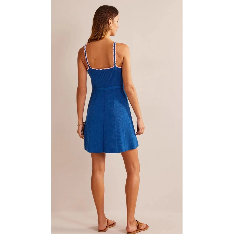 NEW Boden Crochet Trim Womens Size 10 Mini Dress Ribbed Knit Belted Fit Flare - Image 2 of 4