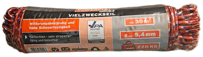 Powerfix Mehrzweckseil Vielzweckseil Spannseil 220 kg, 30m, Ø 5,4 mm Geflochten