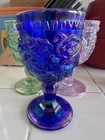 Madonna Inn VTG Iridescent Blue Carnival Glass Goblet Pressed Glass Rose Floral