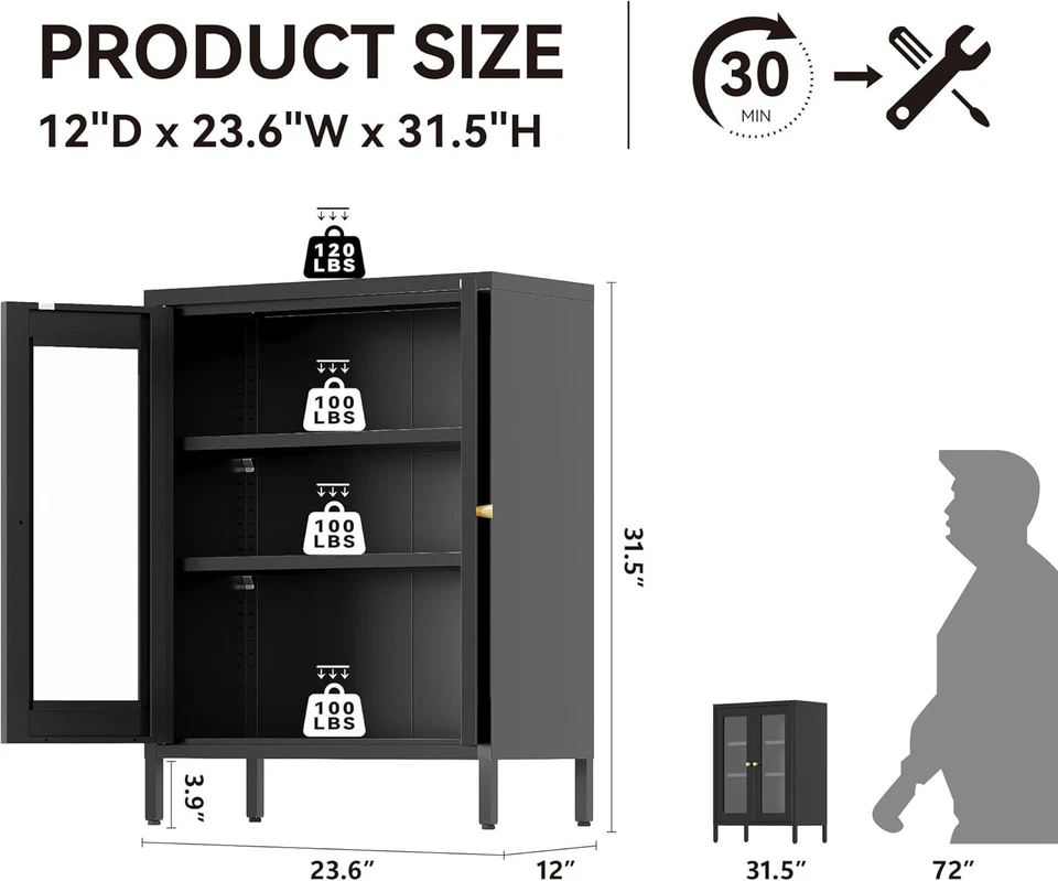 Mueble de baño Elegro 31,5" de metal negro con puertas de cristal, aparador para hogar Foto 3 de 4