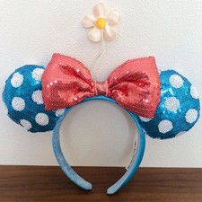 Disney Parks Sunflower Blue  White Polka Dot Minnie Ears Sequin Bow Headband