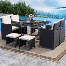 9 PCS Patio Dining Set w/Tempered Glass Table Ottoman Removable Cushions