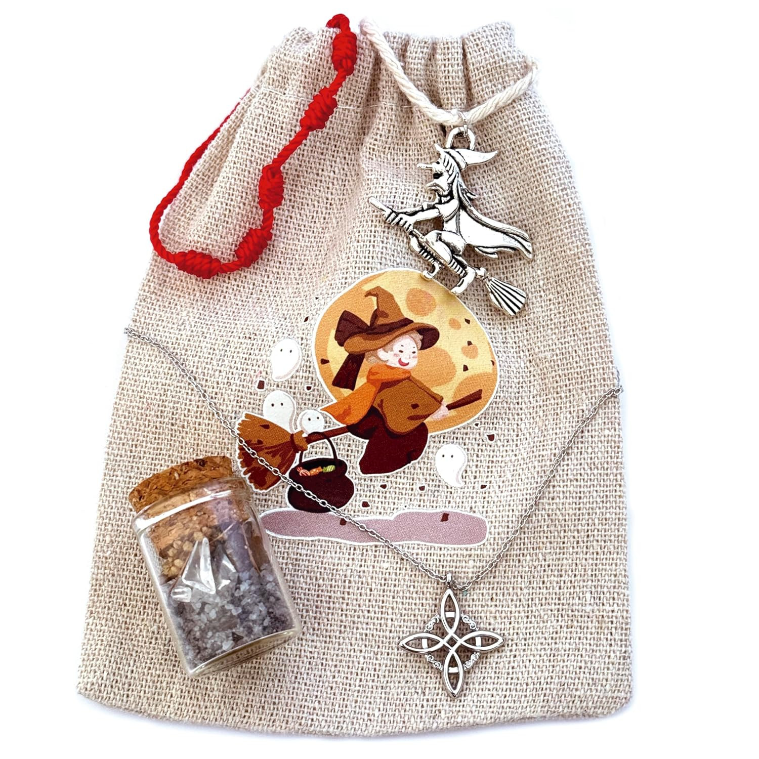 SIMBOLIKS Mini Kit De Bruja Nudo De Bruja Colgante De Acero Inoxidable, Sal Negr