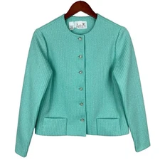 Vintage Leslie Fay Original Jacket Green Silver Pockets Jewel Buttons Women's 14