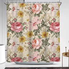 Pink Floral Shower Curtain Boho Vintage Flower Beige Yellow Retro Colorful Gi...