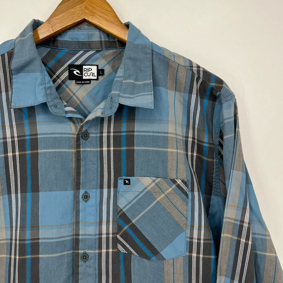 Rip Curl Long Sleeve Button Shirt Men's L Blue Plaid Print Pocket Cotton Surf - Image 4 of 4