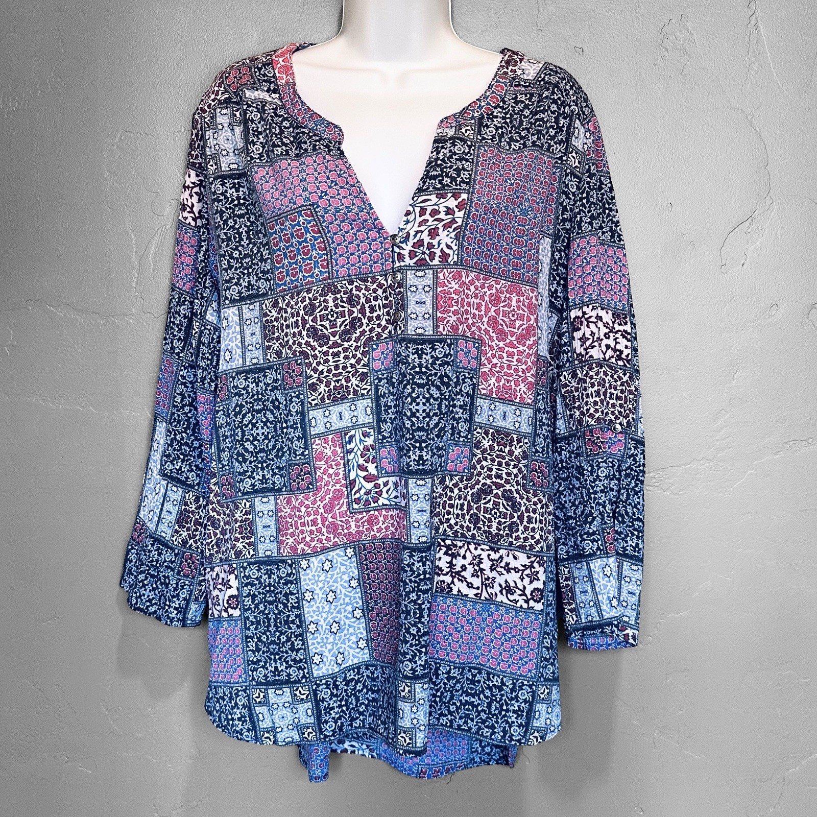 Kim Rogers Womens Button Up Patchwork Top XL Bohe… - image 1