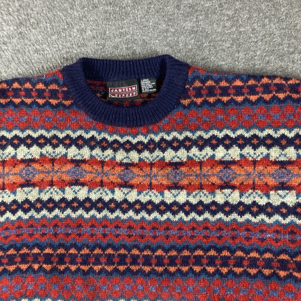 Vintage Jantzen Sport 100% Wool Men L Fair Isle Nordic Pullover Sweater Retro - Image 2 of 4