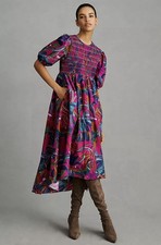 Farm Rio NWT Rainbow Macaws Purple Puff Sleeve Smocked Midi Dress Women's SZ XS