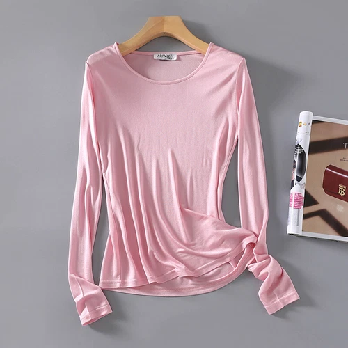 Women  Mulberry Silk Shirt Crew Neck Long Sleeve Bottoming Shirt Breathable Tops