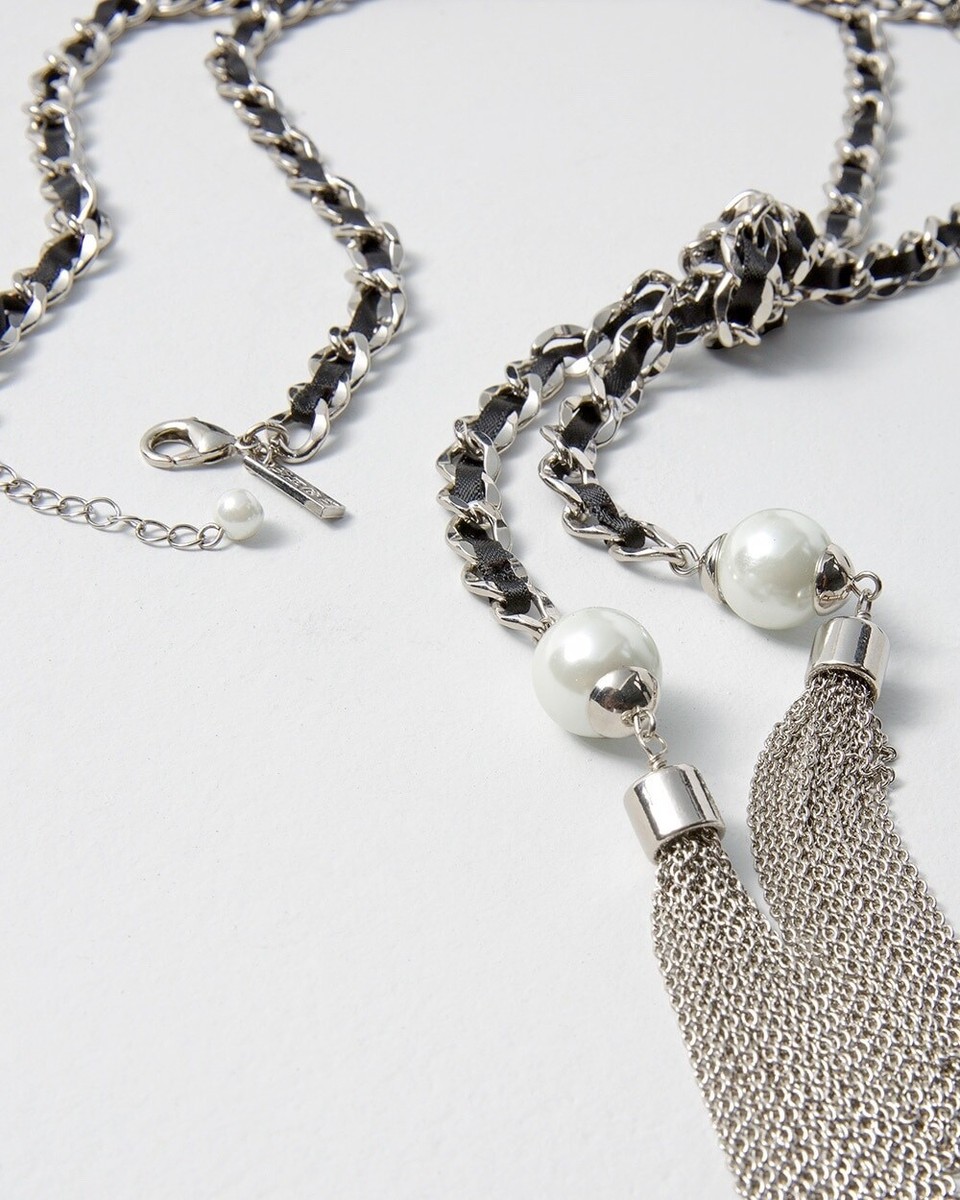 White House Black Market Ribbon Woven Pearls & Chain Tassel Silver