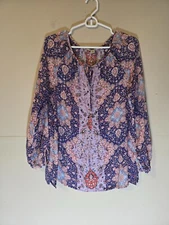 Lucky Brand Women's Medium Shirt Long Sleeve Paisley Multicolor Blouse Boho