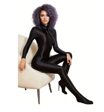 Women's Oil Shiny Glossy Silky Bodysuit Zipper Open Crotch Bodystocking Jumpsuit