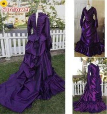 Gothic Purple Wedding Dresses V-Neck Long Sleeved Ruffles Satin Bridal Gowns