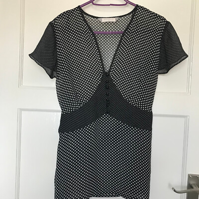 Epilogue schwarz gepunktetes Top UK 12 Kurzarm transparent Chiffon gepunktet Bluse