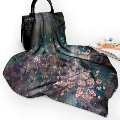 Pink Dogwood Floral Square Silk Scarf with Sky, Stars. Wrap, Shawl, Hijab, Ascot