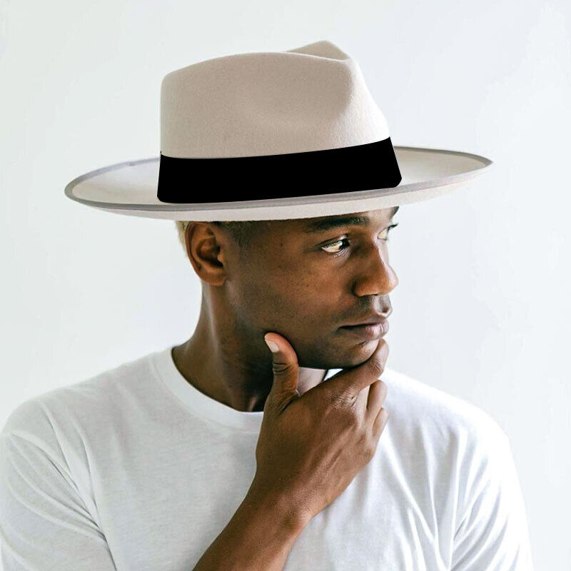 Men Wool Felt Fedora Hat Vintage Field Widet Brim Hat Cowboy Jazz