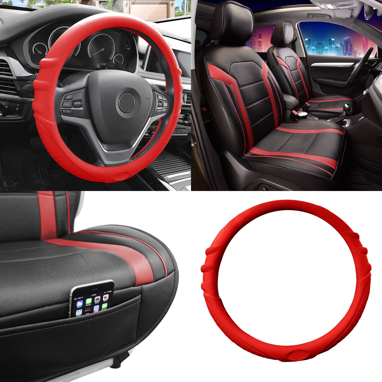 Faux Leather Air Mesh Seat Covers Front Bucket Red w/Silicone Steering Cover