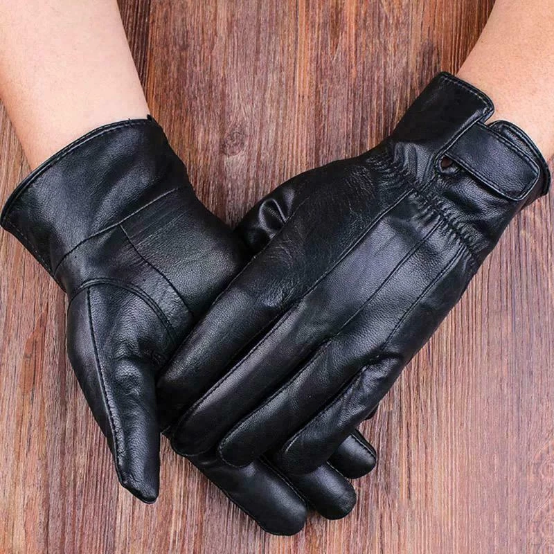 Men's Real Leather Gloves Winter Fleece Lined Soft Driving Strap Gloves Black