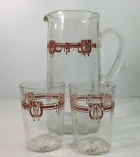 Clear Glass Water Pitcher Art Deco Red Design Fluted Ribbed 2 Glasses 1920s