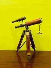 Nautical Double Barrel 9" Telescope Spyglass Designer Wooden Tripod Stand Gift