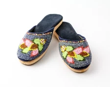Hand Embellished Beaded Mules Flat Slip On Sandals Floral Pattern Size US 5