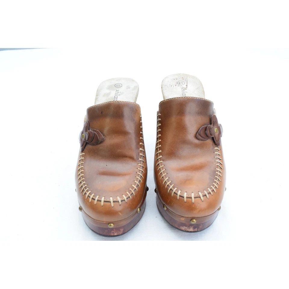 Xhilaration 8.5 Clogs Platform Heels Leather Upper Mules Brown Flower Y2K - Image 3 of 4